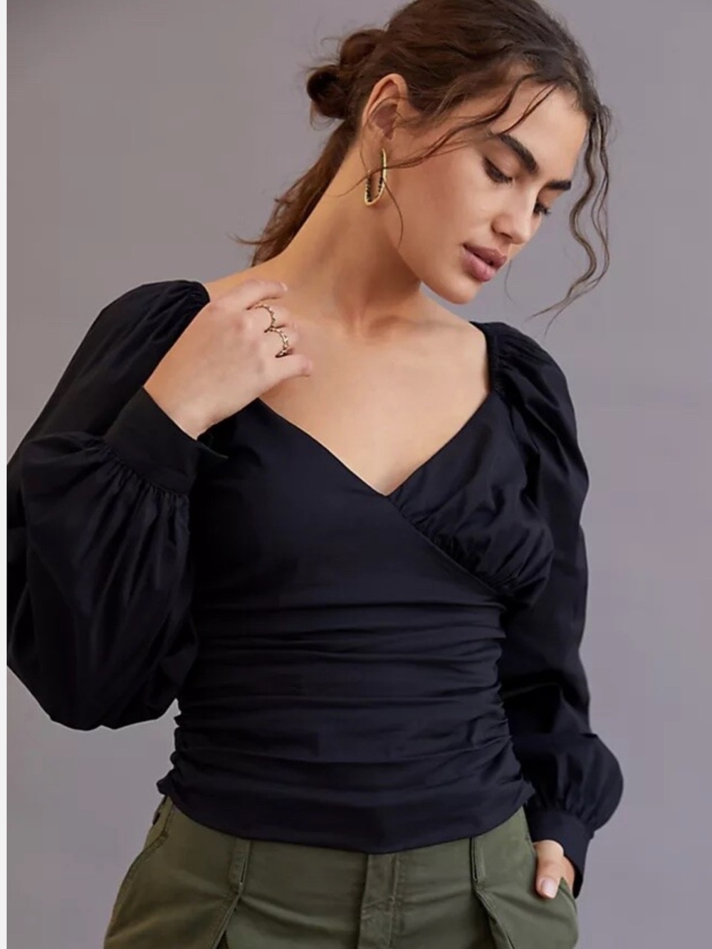 Anthropologie Black Puff-Sleeve Wrap Blouse Size XS